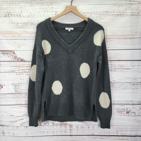 Madewell Womens XS Wool Blend Dotted Bartlett V-Neck Sweater Gray Polka Dot - Picture 1 of 9
